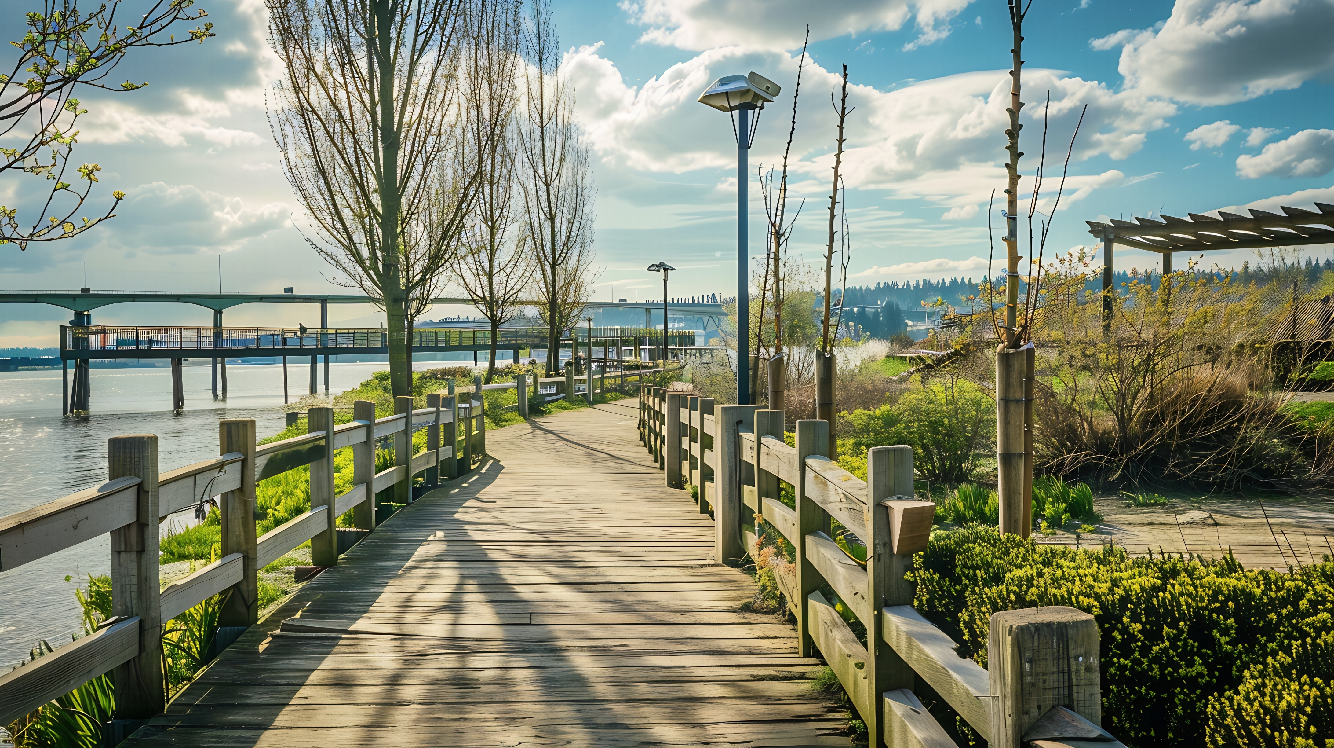 A quiet waterfront walkway in New Westminster