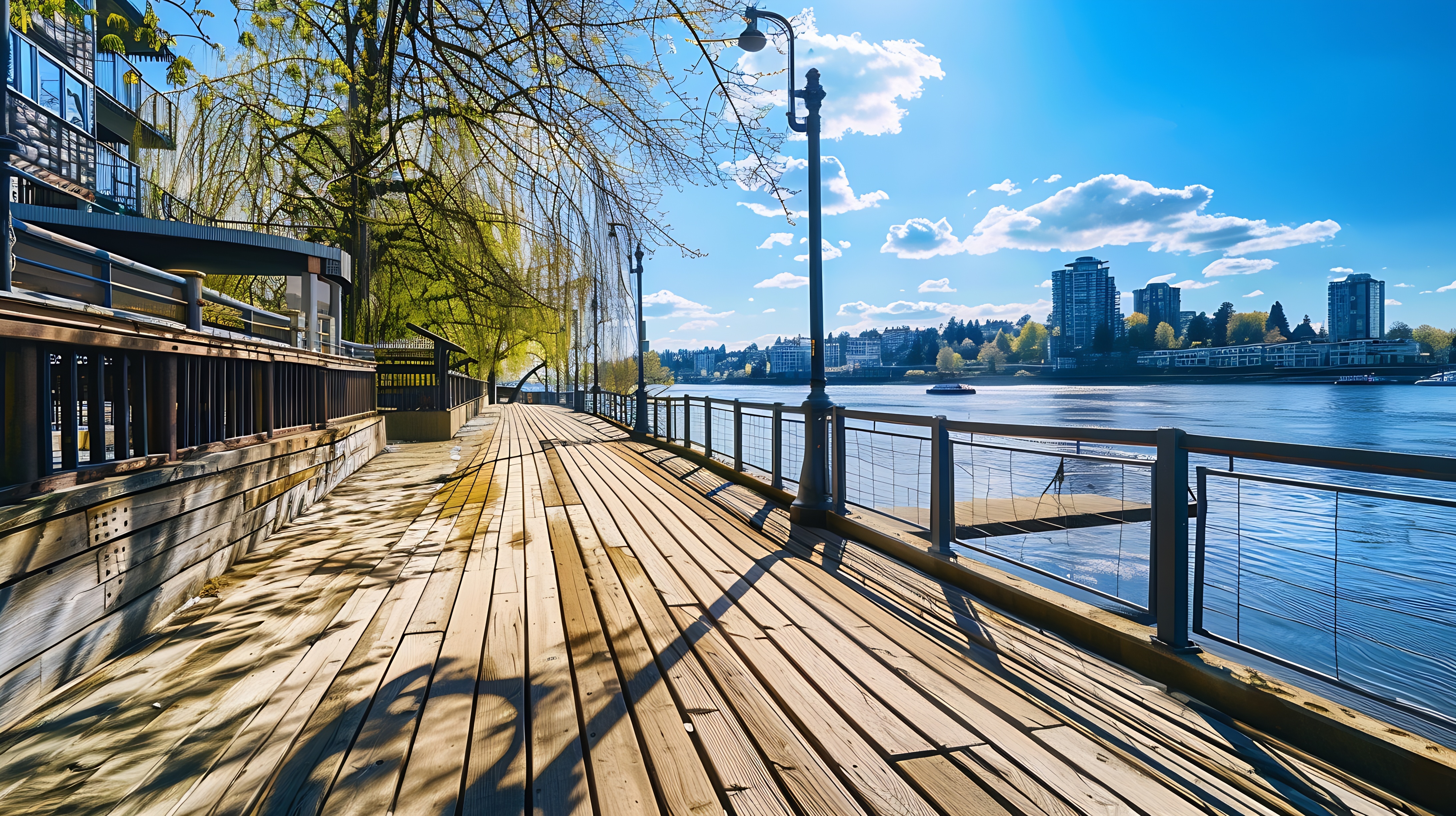 The New Westminster Quay boardwalk on a spring morning